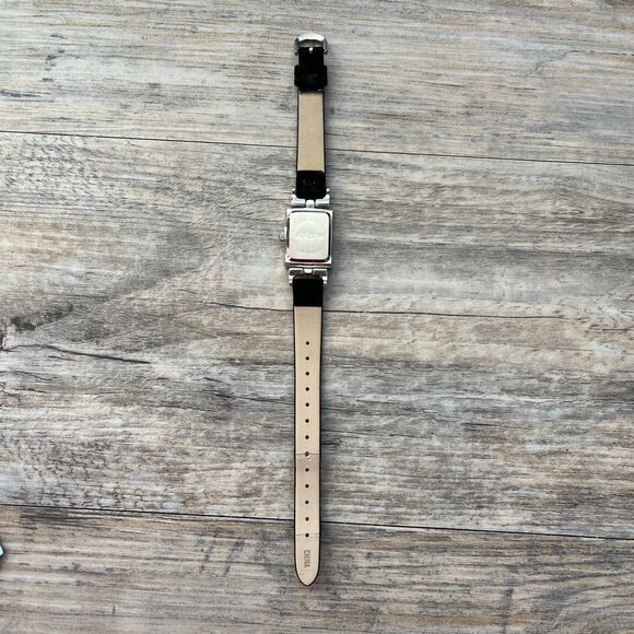 Vintage Silver Tank Watch Rhinestone Bezel Mother of Pearl Face Black Strap main image 2